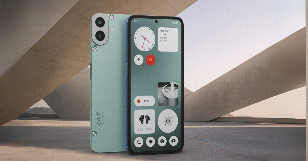 CMF Phone 1 by Nothing showcased with a clean UI on a sleek modular green design, front and back view