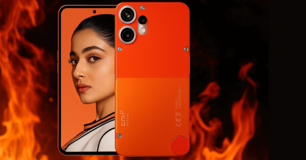 CMF Phone 2 Pro front and back view on a bold, minimal tech background