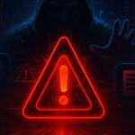 A futuristic cyberpunk warning illustration featuring a glowing red holographic triangle, glitching AI icons, and a shadowy figure made of digital code