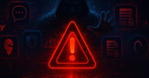 A futuristic cyberpunk warning illustration featuring a glowing red holographic triangle, glitching AI icons, and a shadowy figure made of digital code