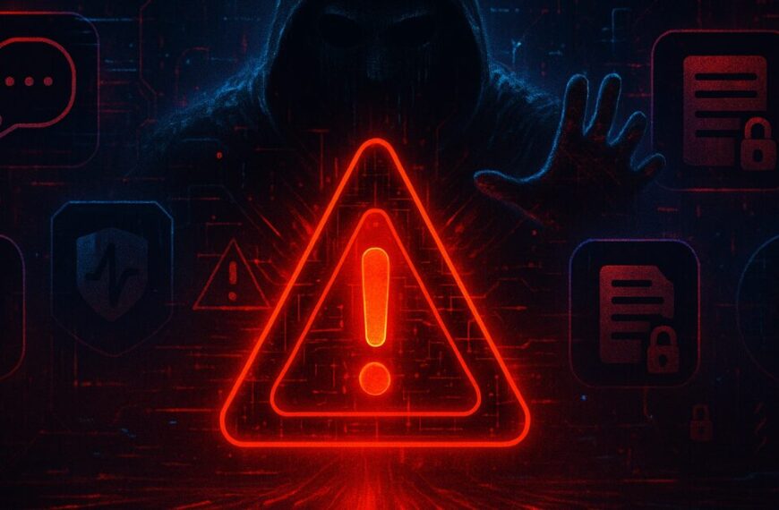 A futuristic cyberpunk warning illustration featuring a glowing red holographic triangle, glitching AI icons, and a shadowy figure made of digital code