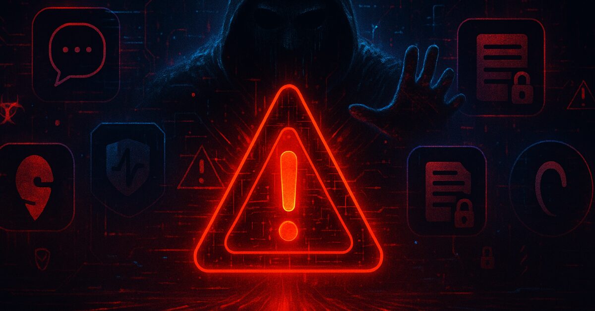 A futuristic cyberpunk warning illustration featuring a glowing red holographic triangle, glitching AI icons, and a shadowy figure made of digital code