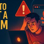 A person looks at a glowing laptop screen displaying a fake website interface, surrounded by digital code and red alert symbols — representing the risk of phishing links.