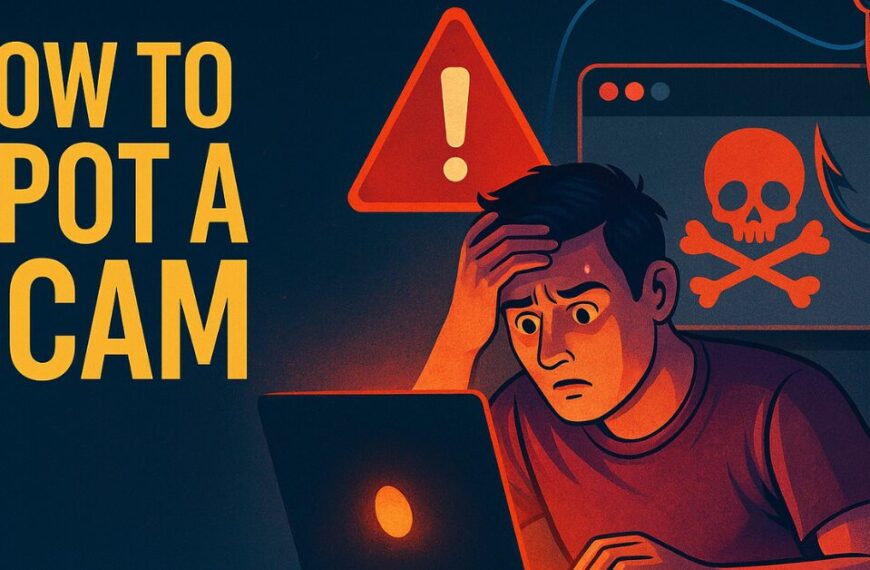A person looks at a glowing laptop screen displaying a fake website interface, surrounded by digital code and red alert symbols — representing the risk of phishing links.