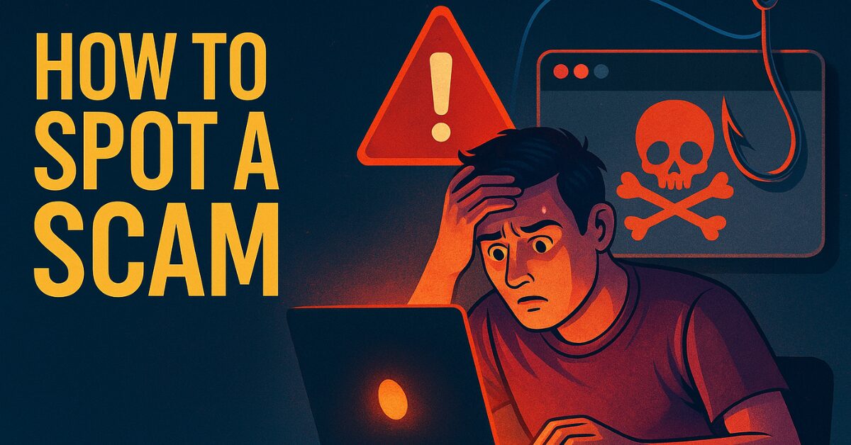 A person looks at a glowing laptop screen displaying a fake website interface, surrounded by digital code and red alert symbols — representing the risk of phishing links.