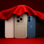 Five flagship smartphones of 2025 partially veiled under red fabric, showing only brand logos of Nothing, Apple, POCO, and Google