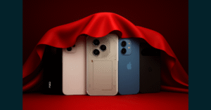 Five flagship smartphones of 2025 partially veiled under red fabric, showing only brand logos of Nothing, Apple, POCO, and Google