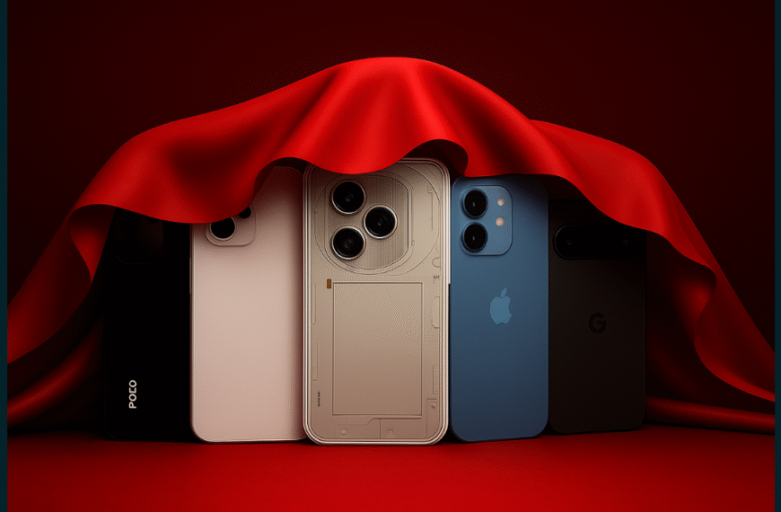 Five flagship smartphones of 2025 partially veiled under red fabric, showing only brand logos of Nothing, Apple, POCO, and Google