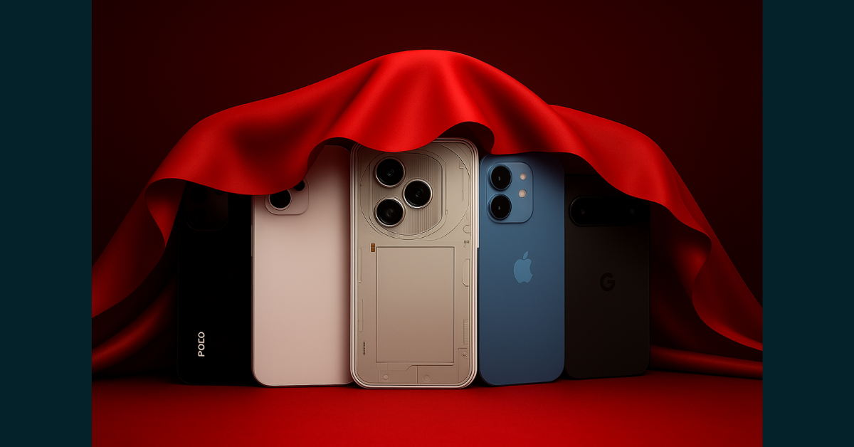 Five flagship smartphones of 2025 partially veiled under red fabric, showing only brand logos of Nothing, Apple, POCO, and Google