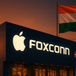 Foxconn factory in Tamil Nadu with Apple logo and Indian flag at sunset