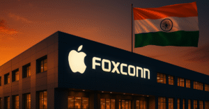 Foxconn factory in Tamil Nadu with Apple logo and Indian flag at sunset