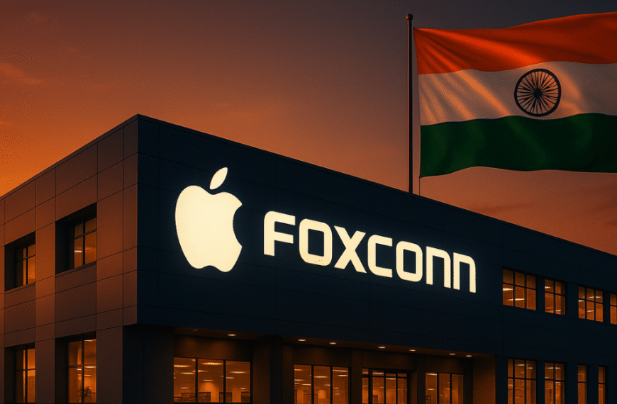Foxconn factory in Tamil Nadu with Apple logo and Indian flag at sunset