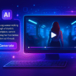 Futuristic AI video creation interface with glowing cinematic preview, abstract tech UI, and floating control panels