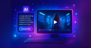 Futuristic AI video creation interface with glowing cinematic preview, abstract tech UI, and floating control panels