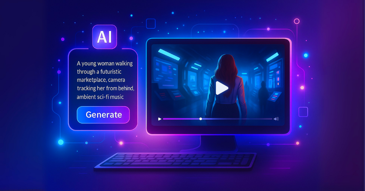 Futuristic AI video creation interface with glowing cinematic preview, abstract tech UI, and floating control panels