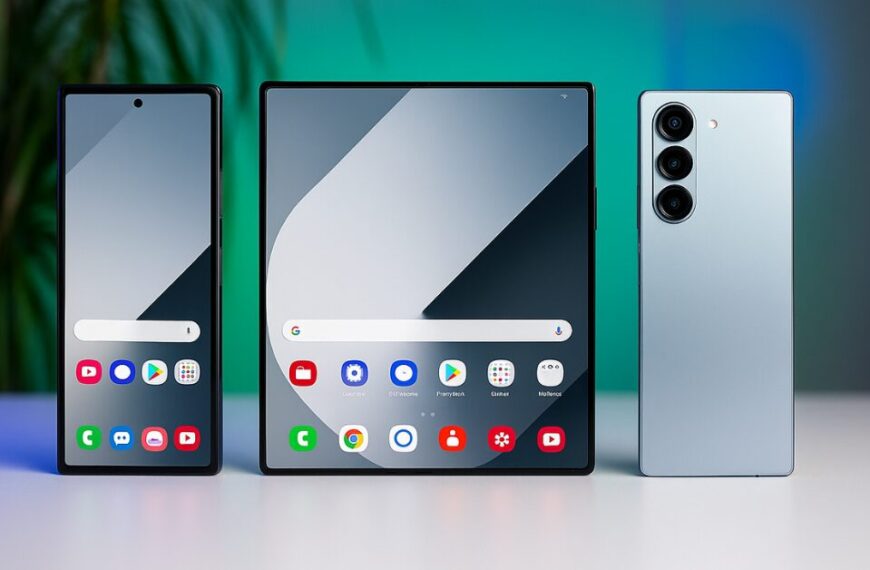 AI-rendered image of Samsung Galaxy Z Fold 7 concept showing outer screen, unfolded inner display, and rear camera layout on a clean tabletop.