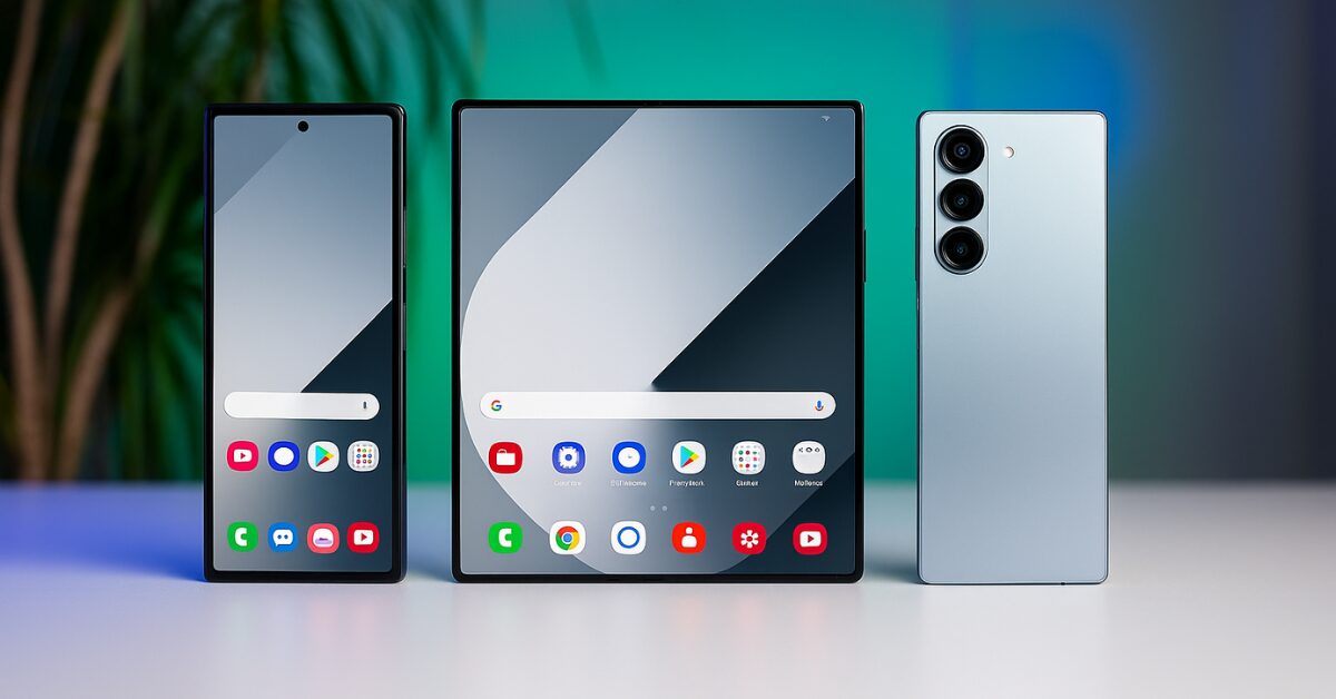 AI-rendered image of Samsung Galaxy Z Fold 7 concept showing outer screen, unfolded inner display, and rear camera layout on a clean tabletop.