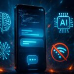 Android smartphone running Google AI Edge Gallery app offline with futuristic interface and glowing AI icons.