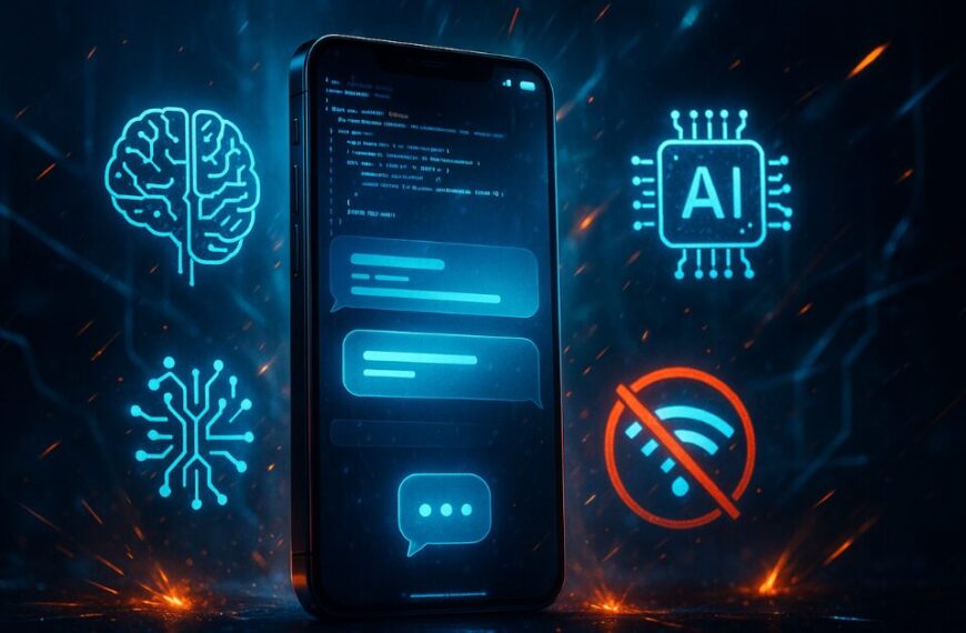 Android smartphone running Google AI Edge Gallery app offline with futuristic interface and glowing AI icons.