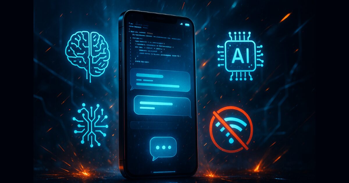 Android smartphone running Google AI Edge Gallery app offline with futuristic interface and glowing AI icons.