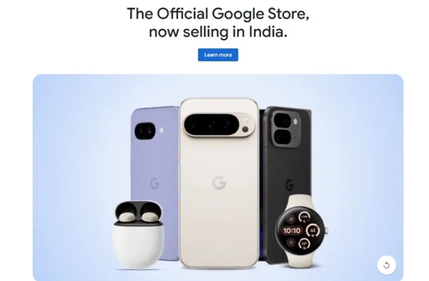 Pixel phones, earbuds, and watch shown under Google Store India launch banner