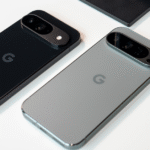 Futuristic concept image of the Google Pixel 10 smartphone lying diagonally on a white surface with a reflective two-tone back, horizontal camera bar, and soft lighting against a minimal gradient backdrop.