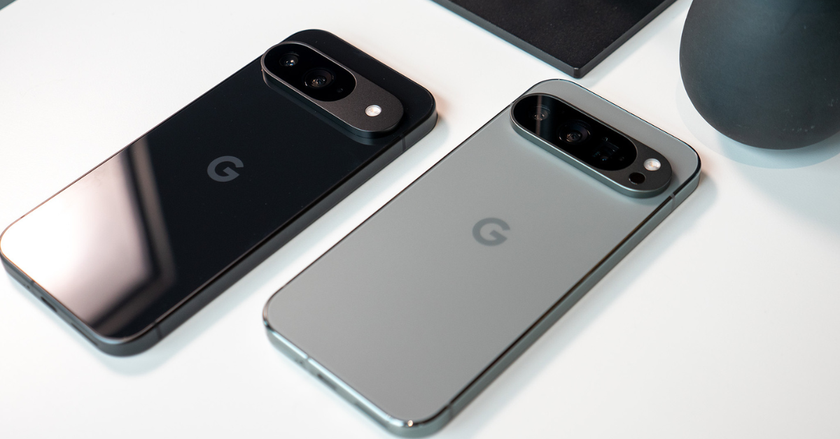 Futuristic concept image of the Google Pixel 10 smartphone lying diagonally on a white surface with a reflective two-tone back, horizontal camera bar, and soft lighting against a minimal gradient backdrop.
