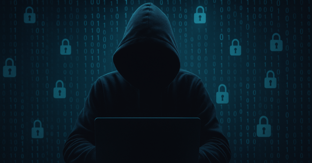 A hooded figure sits in front of a laptop, face obscured in darkness, with binary code and lock icons glowing behind them — representing anonymous cybercriminals behind data breaches.