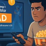 Frustrated Indian man watching Disney+ Hotstar with unskippable ads during a cricket match, holding a remote and popcorn while an ad blocks the screen.