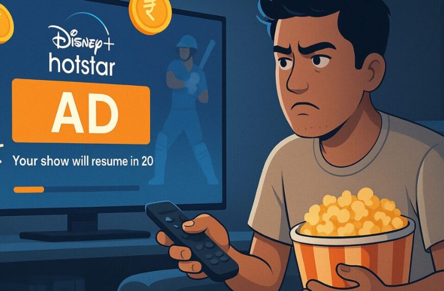 Frustrated Indian man watching Disney+ Hotstar with unskippable ads during a cricket match, holding a remote and popcorn while an ad blocks the screen.