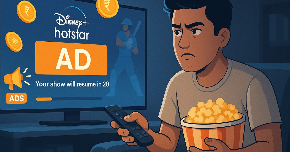 Frustrated Indian man watching Disney+ Hotstar with unskippable ads during a cricket match, holding a remote and popcorn while an ad blocks the screen.