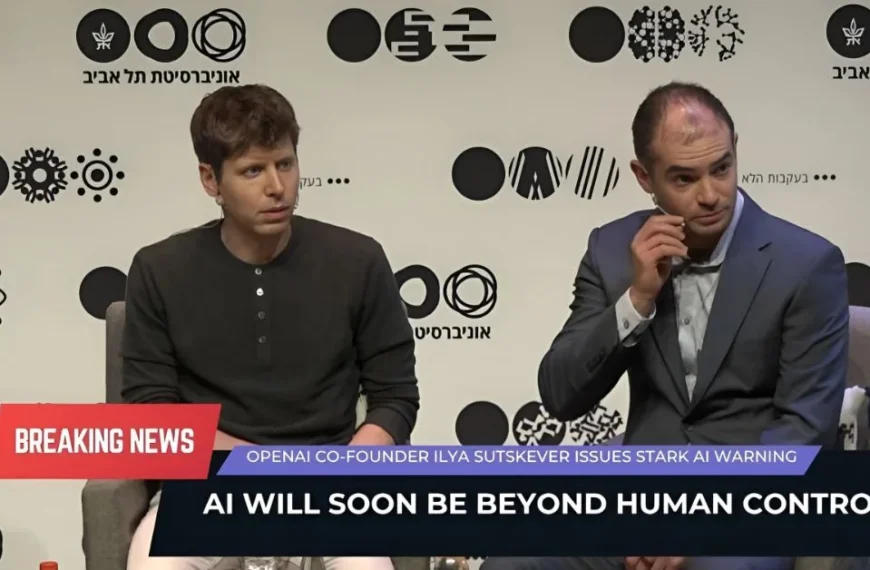 Ilya Sutskever and Sam Altman speaking at a tech conference about the future of AI