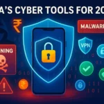 Smartphone shielded by a glowing digital lock, surrounded by malware warnings, VPN icons, Indian rupee symbols, and a hooded hacker silhouette representing India’s cybersecurity threats and tools in 2025