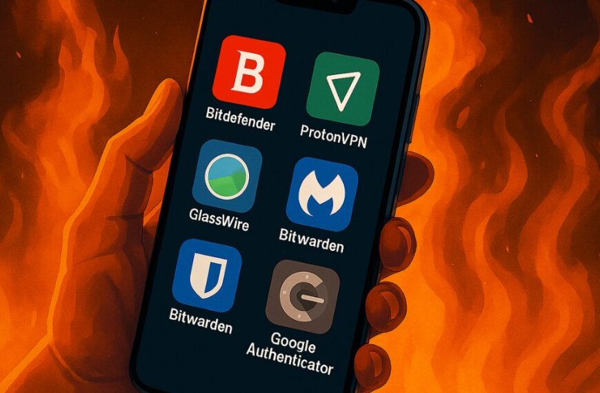 A smartphone held in a hand displays six top cybersecurity apps — Bitdefender, ProtonVPN, GlassWire, Malwarebytes, Bitwarden, and Google Authenticator — with a fiery background symbolizing digital threats.
