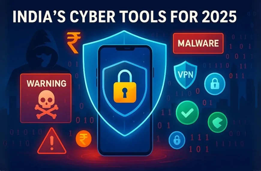 Smartphone shielded by a glowing digital lock, surrounded by malware warnings, VPN icons, Indian rupee symbols, and a hooded hacker silhouette representing India’s cybersecurity threats and tools in 2025