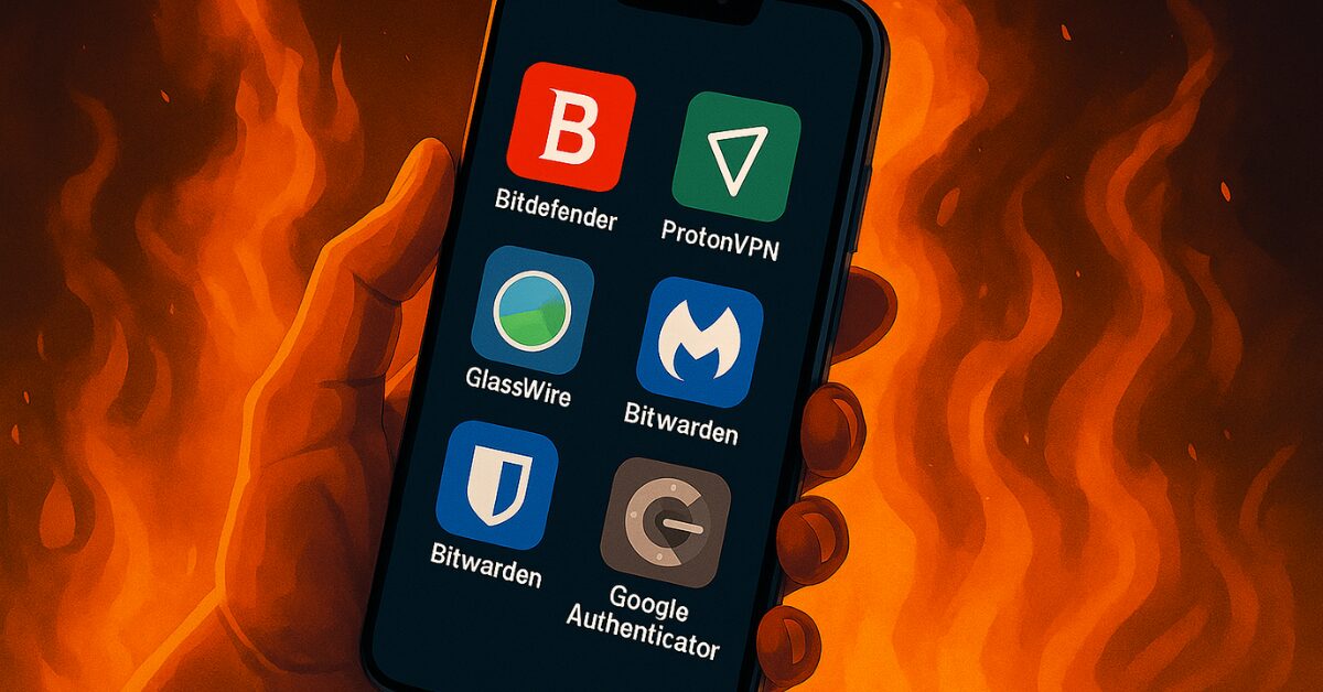 A smartphone held in a hand displays six top cybersecurity apps — Bitdefender, ProtonVPN, GlassWire, Malwarebytes, Bitwarden, and Google Authenticator — with a fiery background symbolizing digital threats.