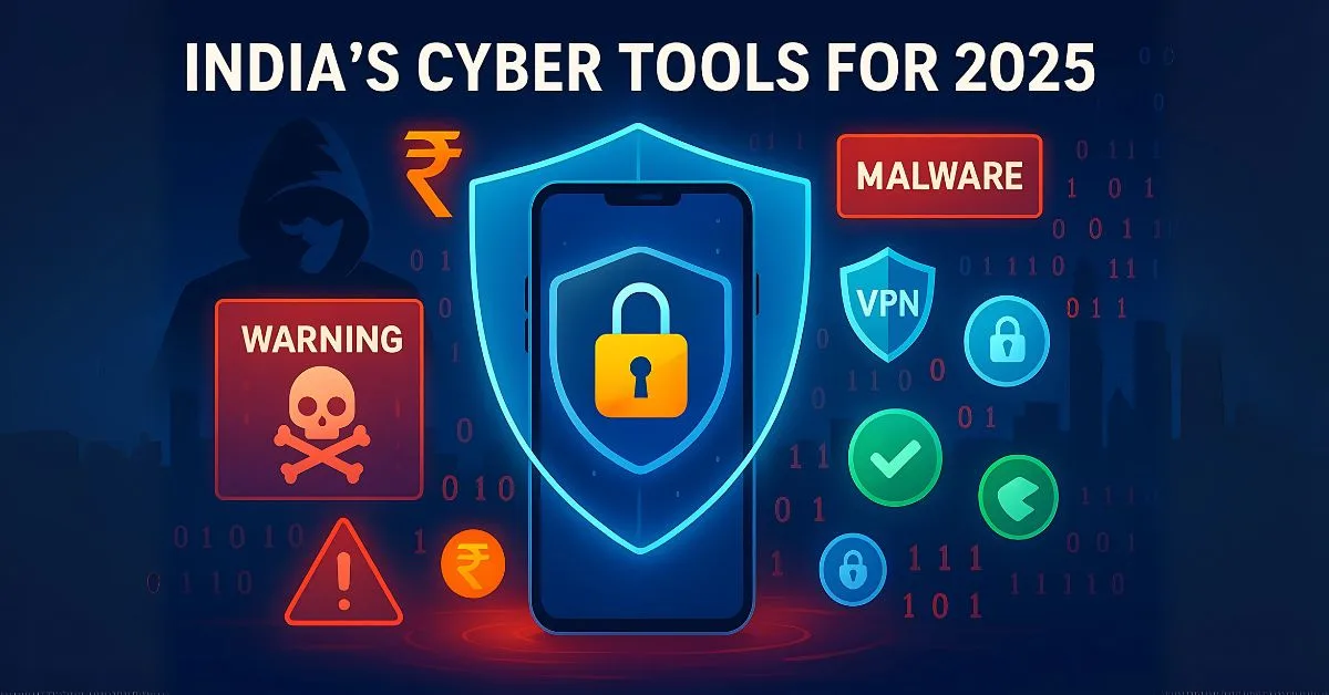 Smartphone shielded by a glowing digital lock, surrounded by malware warnings, VPN icons, Indian rupee symbols, and a hooded hacker silhouette representing India’s cybersecurity threats and tools in 2025