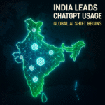 A high-tech digital illustration of India glowing in electric green and blue, overlaid with AI neural network lines and multiple ChatGPT icons. The background is a dark world map with the U.S. and China barely visible. In the top-right, white futuristic text reads “India Leads ChatGPT Usage,” and beneath it, smaller yellow text says “Global AI Shift Begins.”
