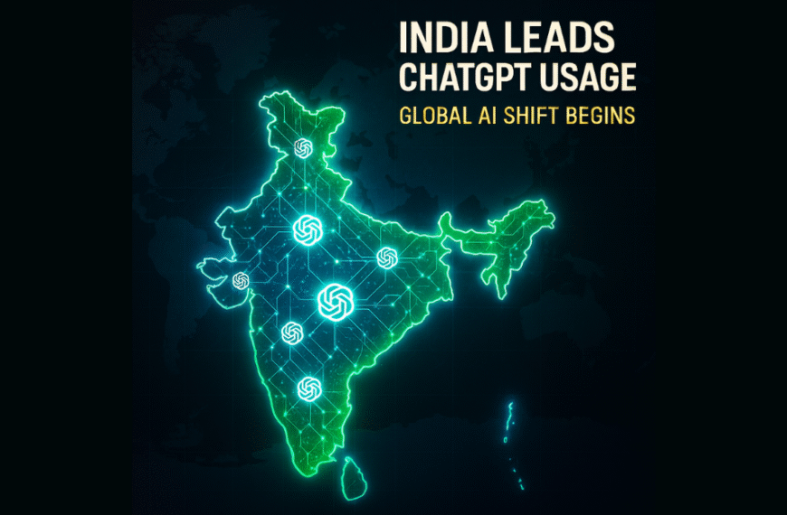 A high-tech digital illustration of India glowing in electric green and blue, overlaid with AI neural network lines and multiple ChatGPT icons. The background is a dark world map with the U.S. and China barely visible. In the top-right, white futuristic text reads “India Leads ChatGPT Usage,” and beneath it, smaller yellow text says “Global AI Shift Begins.”