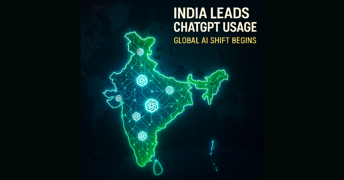 A high-tech digital illustration of India glowing in electric green and blue, overlaid with AI neural network lines and multiple ChatGPT icons. The background is a dark world map with the U.S. and China barely visible. In the top-right, white futuristic text reads “India Leads ChatGPT Usage,” and beneath it, smaller yellow text says “Global AI Shift Begins.”