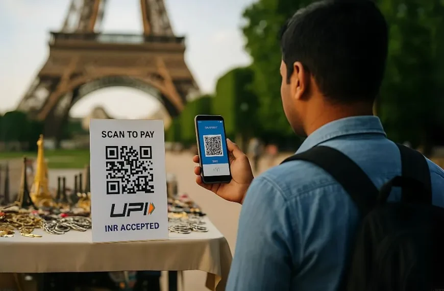 Indian tourist scans UPI QR code at a Paris souvenir shop with the Eiffel Tower in the background