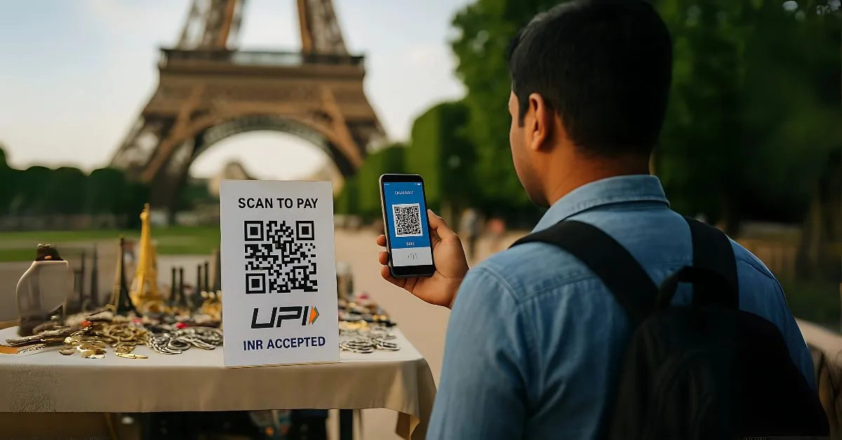 Indian tourist scans UPI QR code at a Paris souvenir shop with the Eiffel Tower in the background