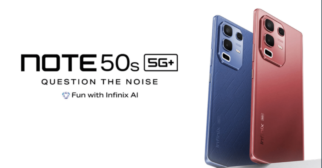 Infinix Note 50s 5G+ smartphones in blue and red color variants with ‘Question the Noise’ branding and Infinix AI tagline on a clean white background