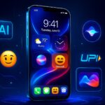 Futuristic iPhone displaying iOS 26 Liquid Glass UI with glowing widgets and Genmoji on a neon blue tech background