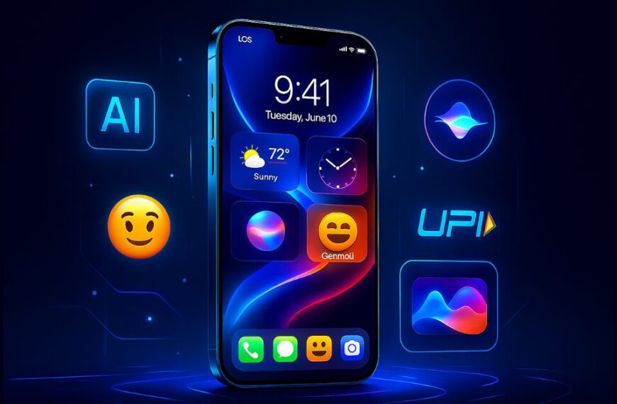 Futuristic iPhone displaying iOS 26 Liquid Glass UI with glowing widgets and Genmoji on a neon blue tech background