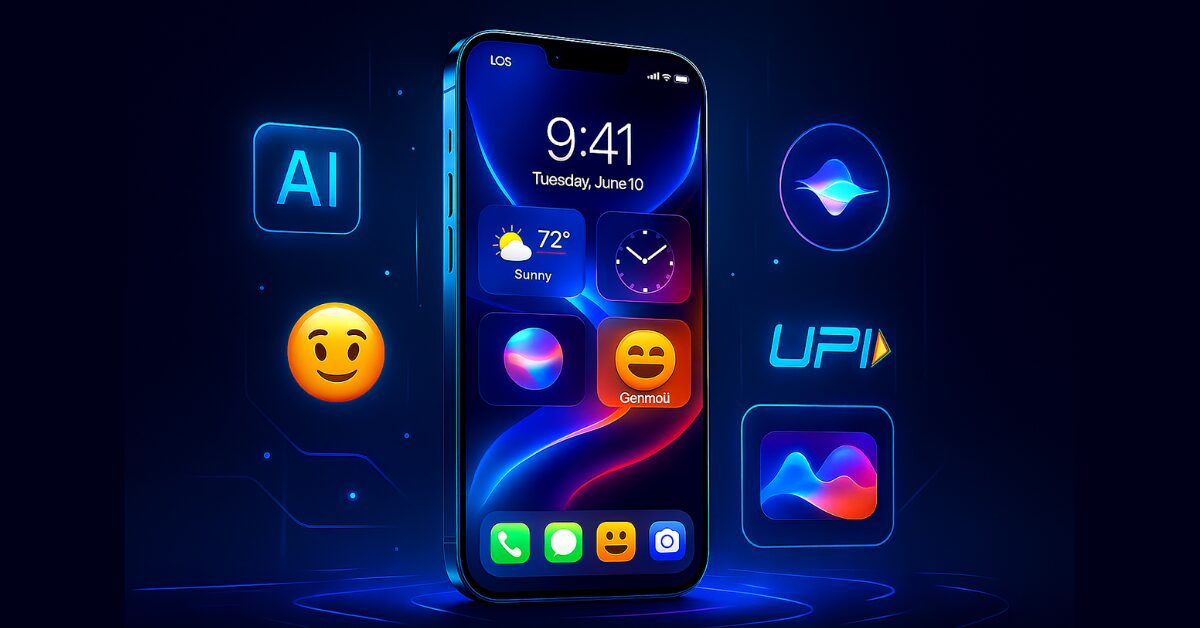 Futuristic iPhone displaying iOS 26 Liquid Glass UI with glowing widgets and Genmoji on a neon blue tech background