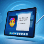 A futuristic Apple iPad floating in a glowing blue tech background, showing Genmoji, AI-powered handwritten notes, and multitasking windows
