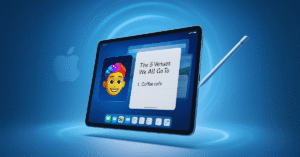 A futuristic Apple iPad floating in a glowing blue tech background, showing Genmoji, AI-powered handwritten notes, and multitasking windows