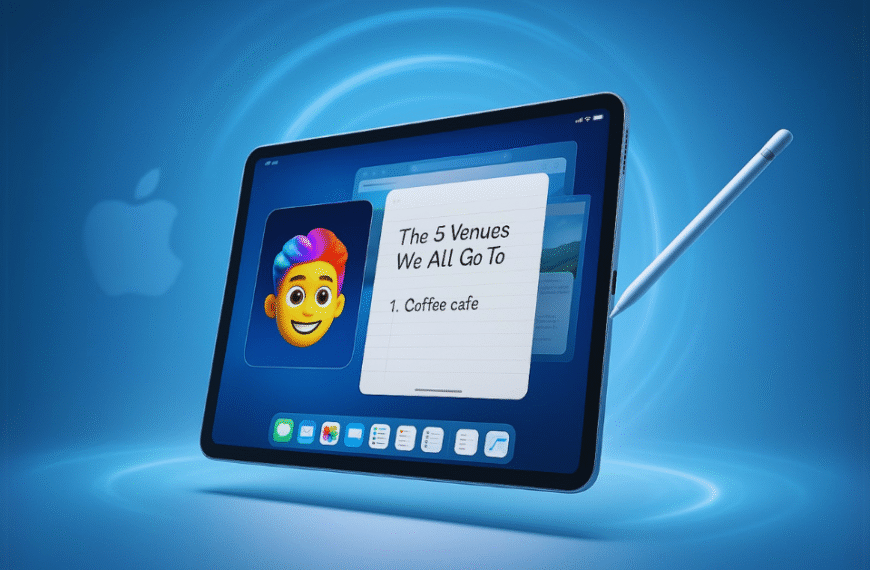 A futuristic Apple iPad floating in a glowing blue tech background, showing Genmoji, AI-powered handwritten notes, and multitasking windows