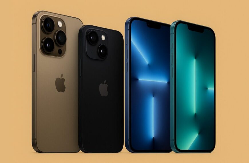 A lineup of four Apple iPhone 16 models standing upright against a desert-colored background, showcasing official Apple default wallpapers on their displays.